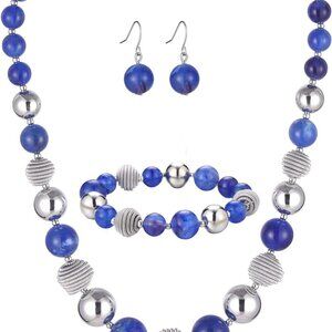 Beaded Jewelry Set Silver Bead Necklace Bracelet Earrings Gift for Women